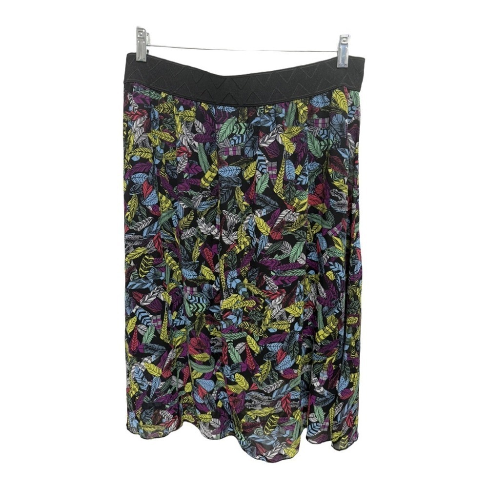 LulaRoe Lola Black Whimsical Feather Layered Midi Skirt Size XL Artsy Colorful